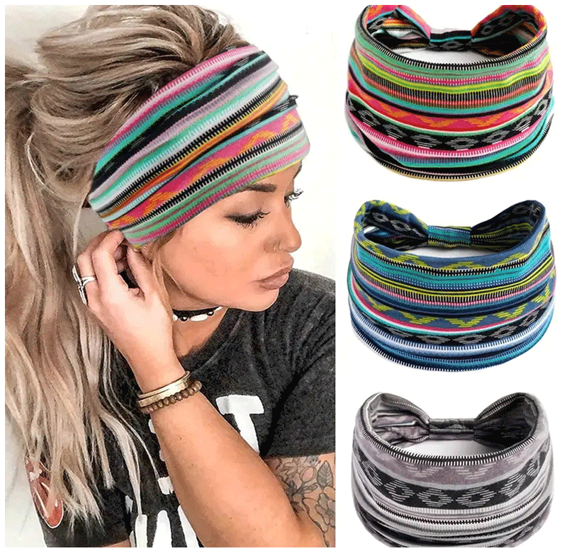 1 Pcs European American Women'S Bohemian Style Elastic Headscarf Fashionable Breathable Cotton Wide Brimmed Hair Accessories