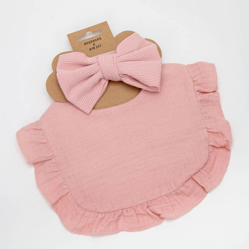 Lot de 2 bavoirs à volants en mousseline de coton pour bébé, nœuds pour cheveux, bandeaux pour filles, couleur unie, serviette pour nouveau-né, bavoirs pour nourrir le rot, écharpe