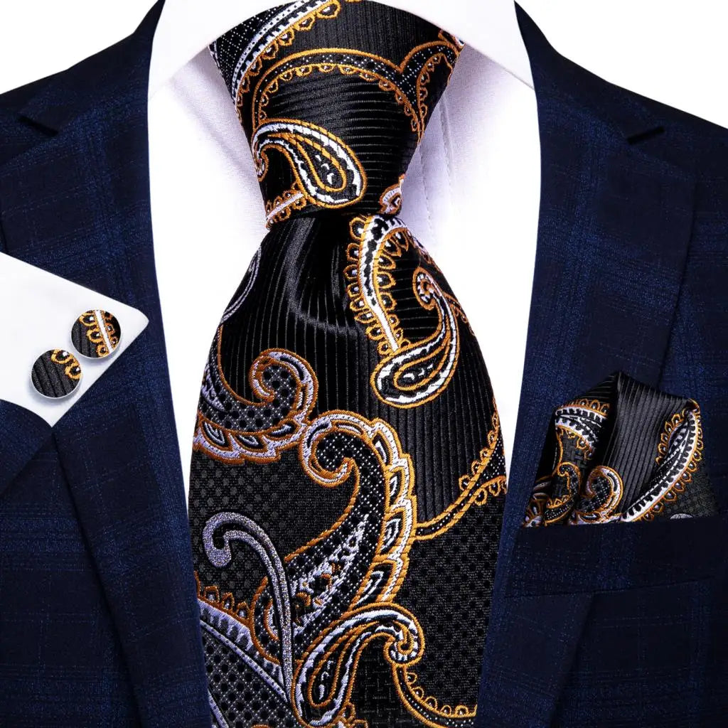 Cravate élégante pour homme, motif cachemire, rayures noires et dorées, en soie, pour mariage, mouchoir, boutons de manchette, pour entreprise, fête, livraison directe