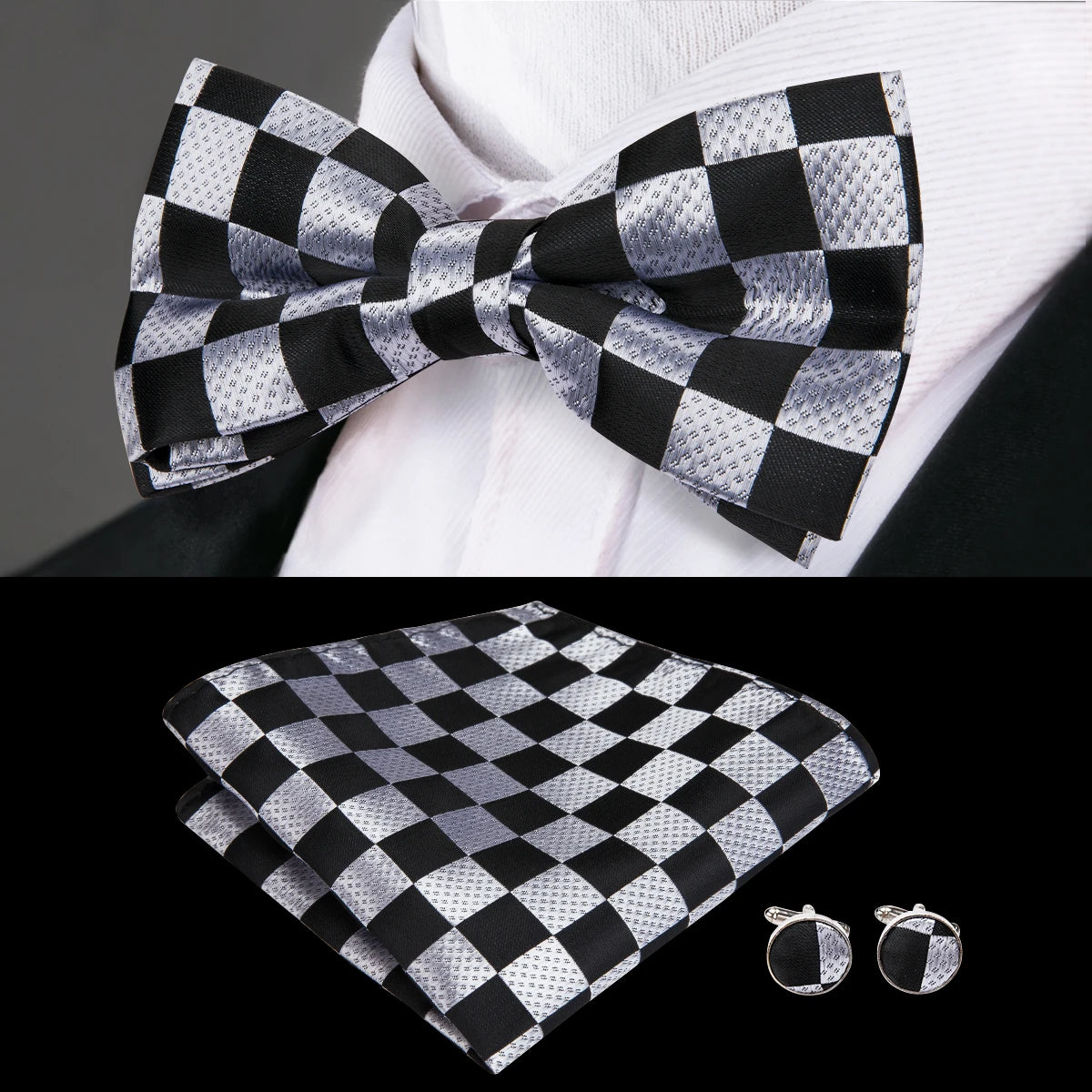 Hi-Tie Black White Silver Grey Brown Silk Mens Bow Tie Hankerchief Cufflinks Set Pre-tied Butterfly Knot Adjustable Bowtie Male
