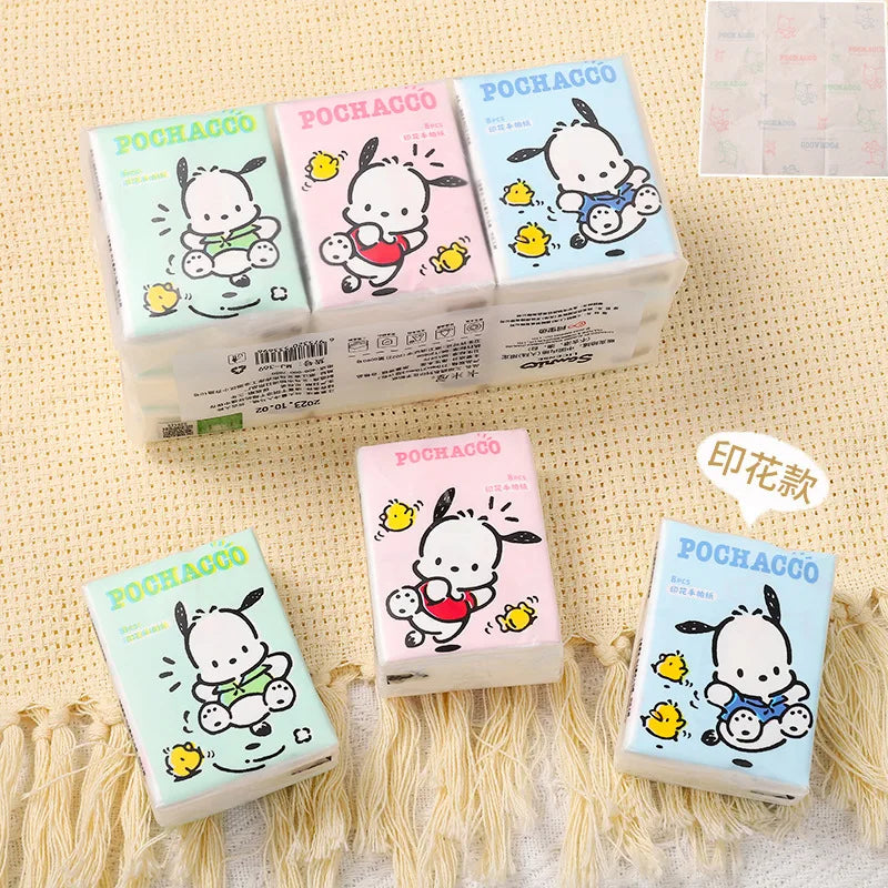 9pcs Hello Kitty Sanrio Tissue Pochacco Kawaii Cartoon Printed Handkerchief Cute Girl Portable Toilet Paper Girly Gift