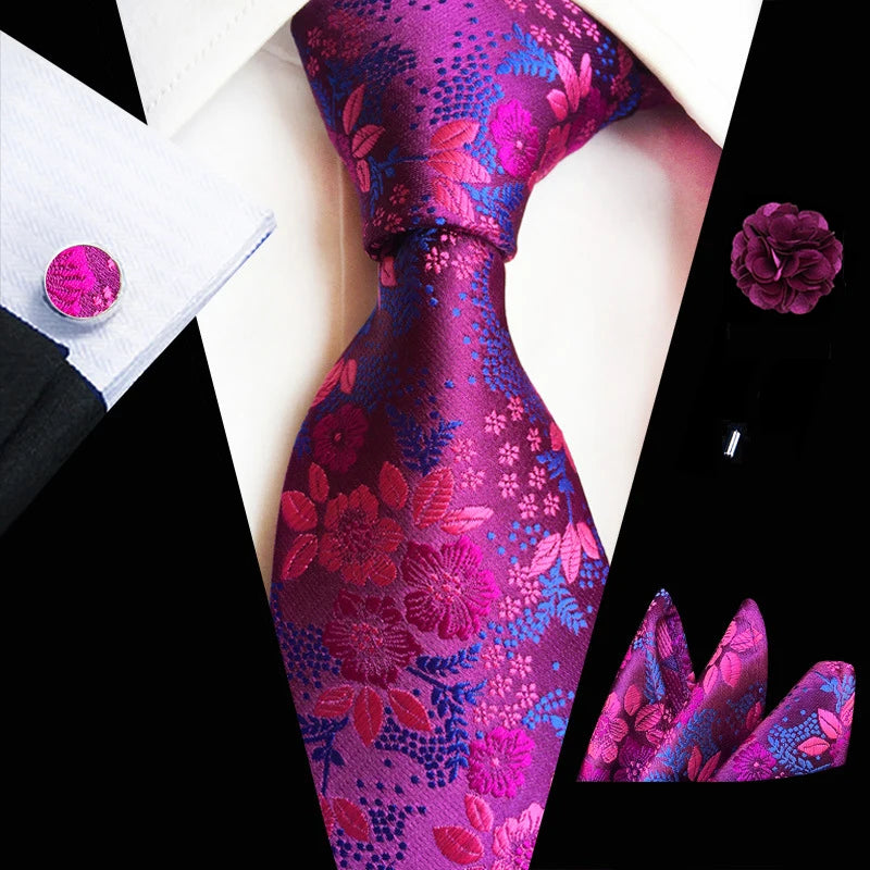 Ensemble de cravates en soie rose floral pour hommes, ensemble de cravates de fête de mariage, mouchoir, broche, boutons de manchette, accessoires pour hommes de haute qualité Gravata