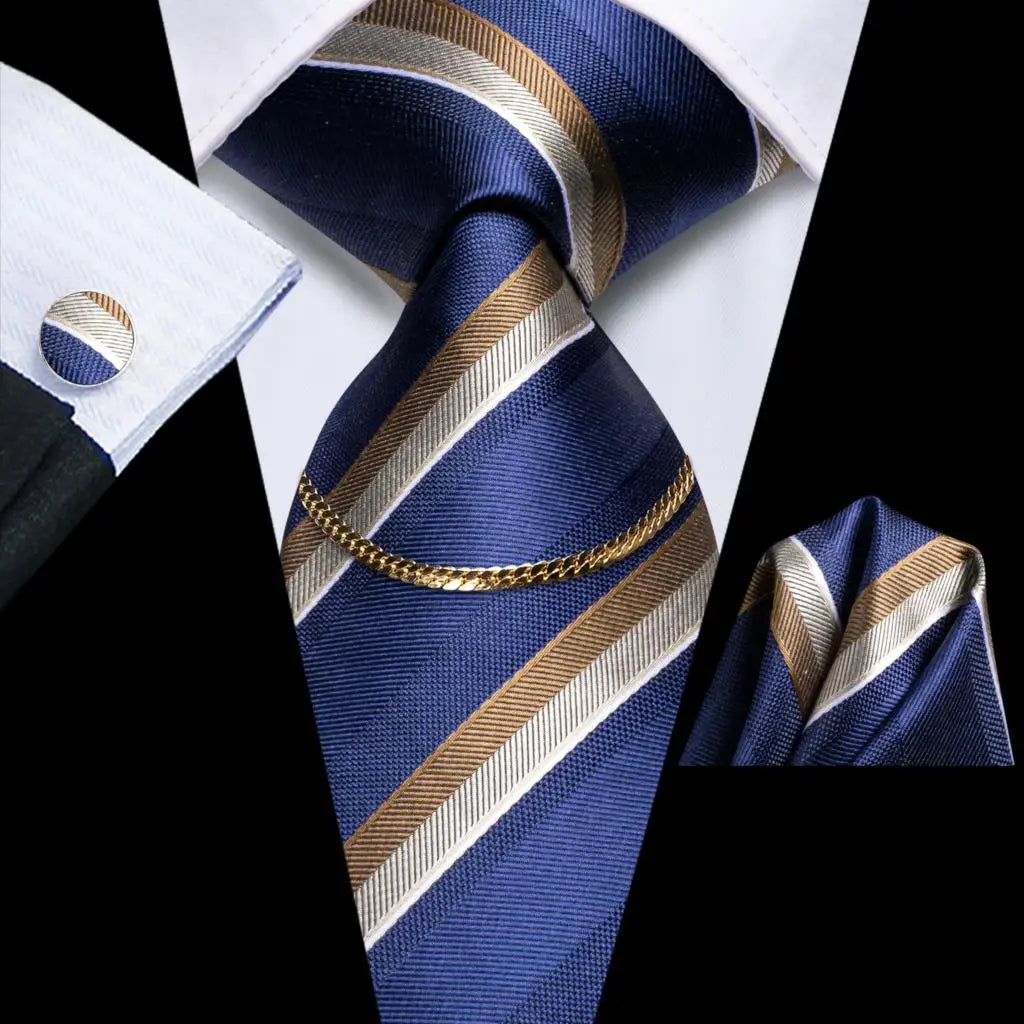 Hi-Tie Business Black Luxury Plaid Mens Tie Silk Neckties Fashion Tie Chain Hanky Cufflinks Set Design Gift For Men Wedding