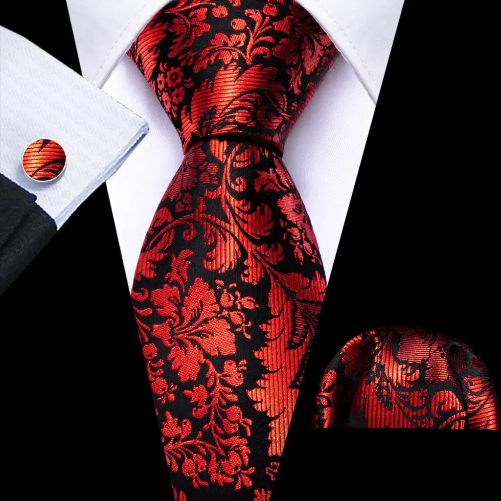 Barry.Wang Ensemble cravate et boutons de manchette en soie pour homme, motif jacquard, rouge, bordeaux, rose, pour mariage, affaires, fête