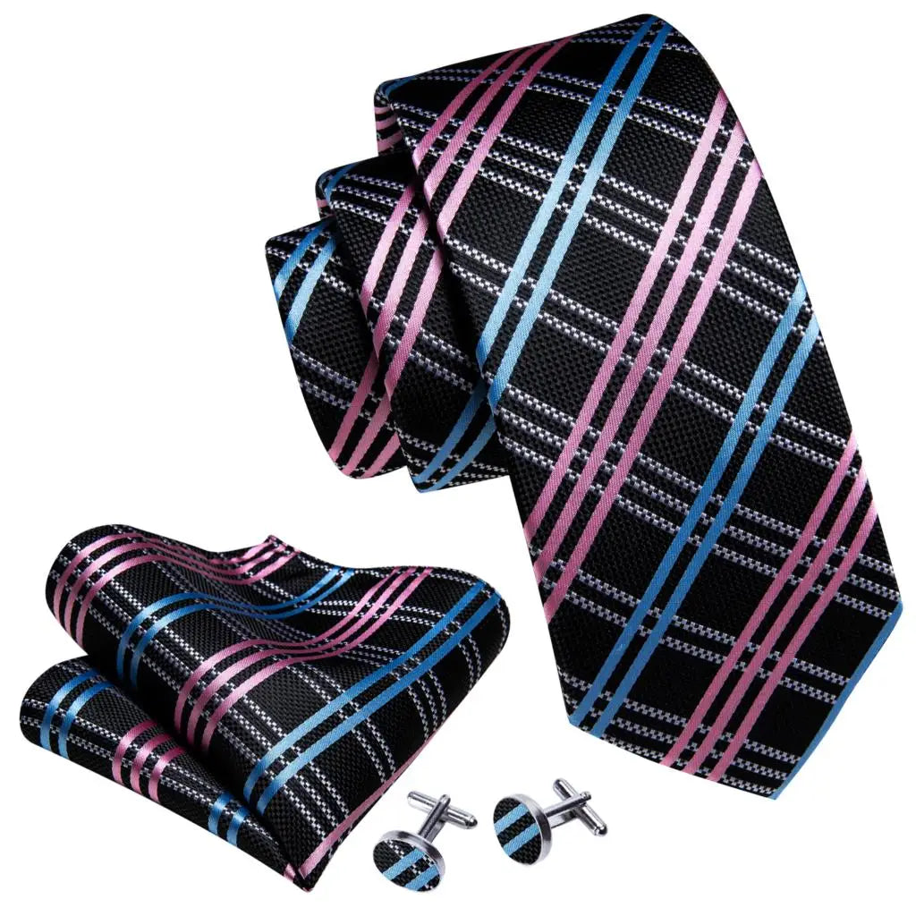 Barry.Wang Ensemble cravate et mouchoir en soie à carreaux pour homme, motif jacquard, idéal pour un mariage, un marié ou une équipe