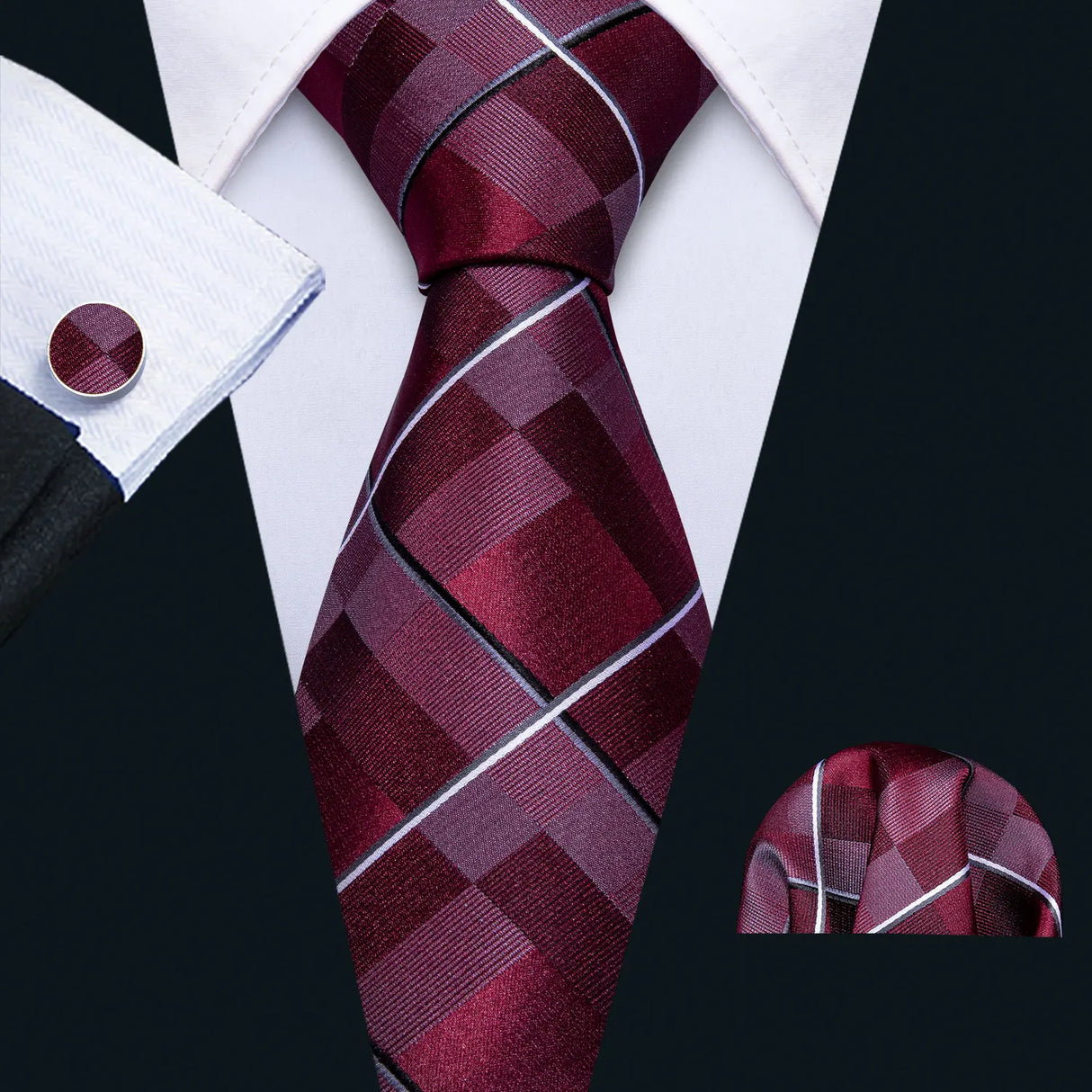Barry.Wang Ensemble cravate et boutons de manchette en soie pour homme, motif jacquard, rouge, bordeaux, rose, pour mariage, affaires, fête