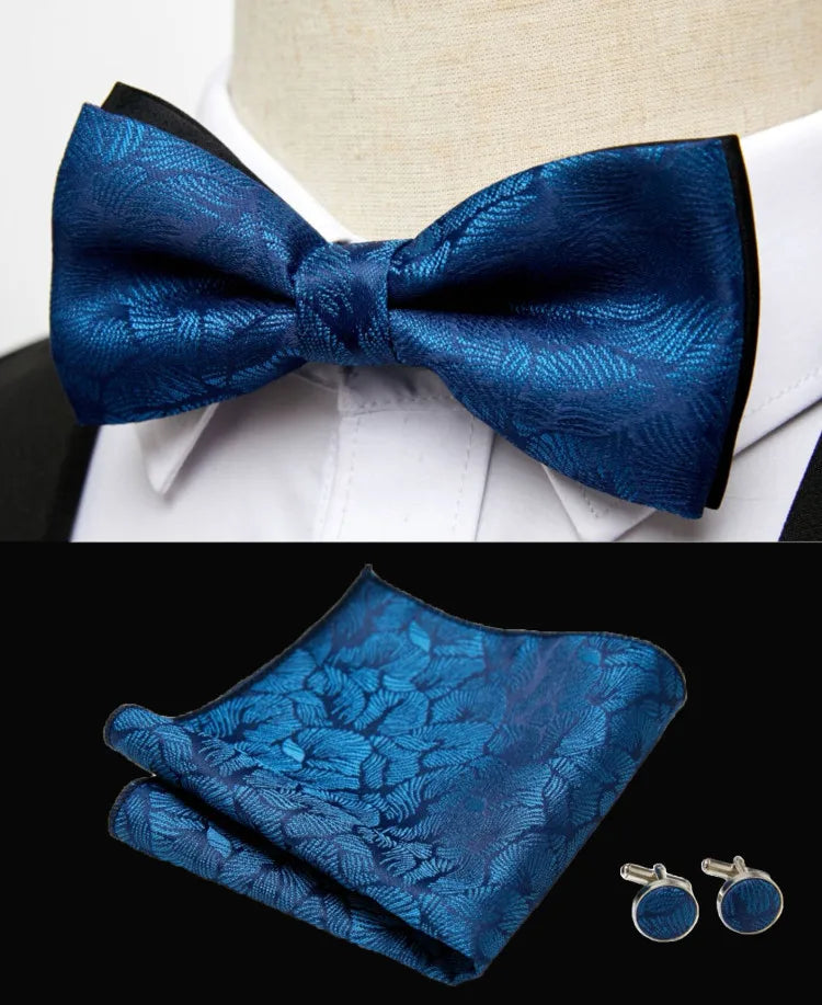 HUISHI Classic Blue Bowties For Men Paisley Floral Bow Tie Pocket Square Cufflinks Suit Set Wedding Party Plaid Solid Butterfly