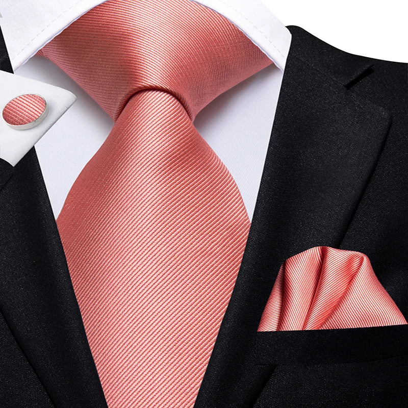 Hi-Tie 100% soie classique pour homme, cravate de mariage corail rose rouge pêche, pochette carrée, boutons de manchette, ensemble de cravates roses pour hommes, cravates cachemire unies