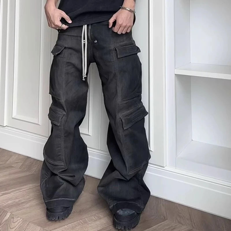 RO Style Ribbons Weites Bein Mehrere Taschen Rauchgraue Baggy-Jeans für Herren Gerade Pantalones Hombre Denim-Hose mit Kordelzug