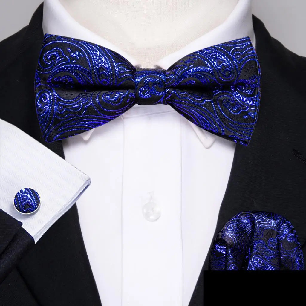 Barry.Wang Nœud papillon en soie bleu marine royal bleu ciel pour homme, ensemble de boutons de manchette, mouchoir, motif cachemire jacquard, motif floral, pour mariage et affaires