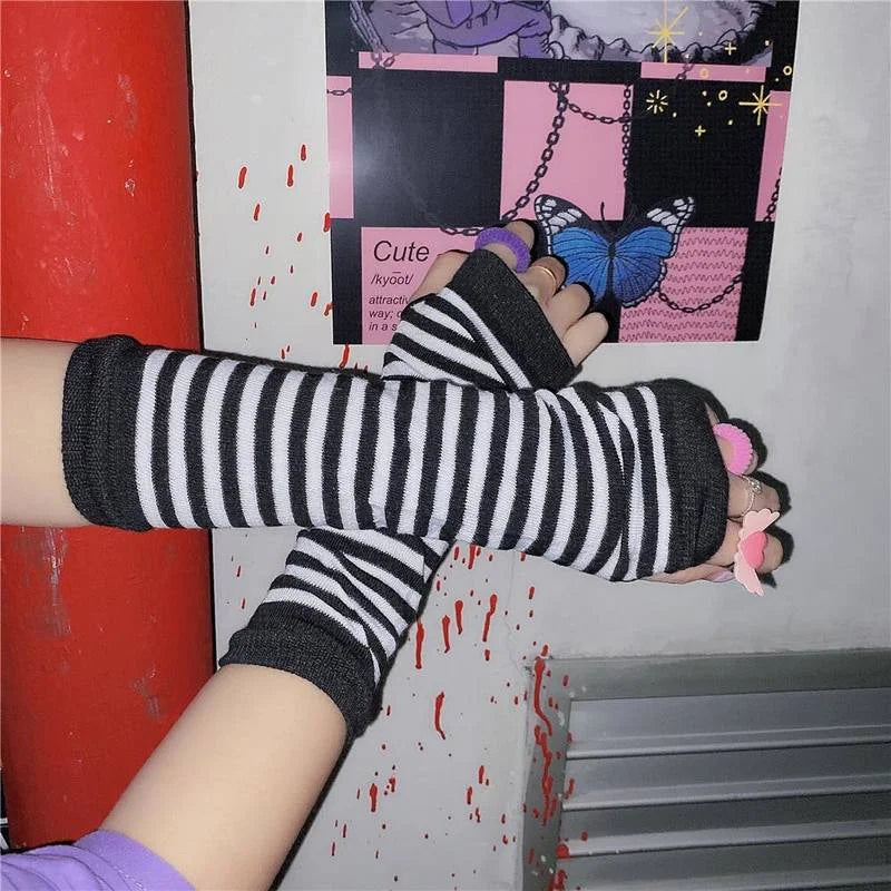 Anime Hand-Armwärmer für Damen und Mädchen, fingerlos, Gothic, lange Handschuhe, Armband, Armabdeckung, langärmelig, weich, gestreift, Ellenbogen, Strickhandschuhe