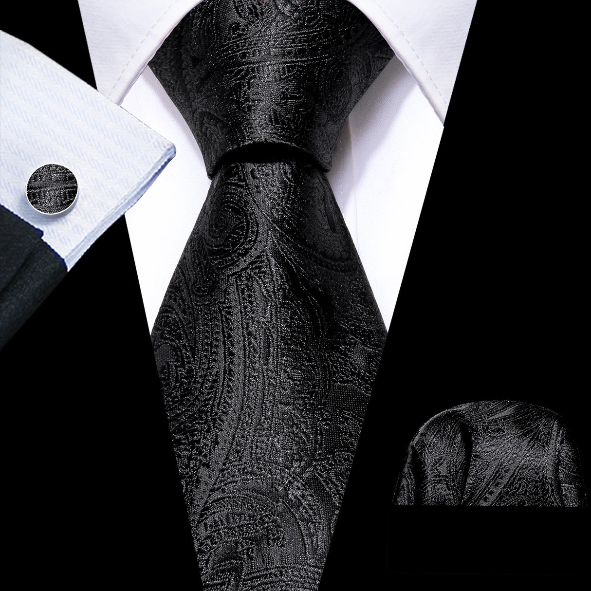 Cravates en soie noire pour hommes, classiques, solides, tissées de haute qualité, avec pochette et boutons de manchette, pour soirées formelles, design Barry.Wang