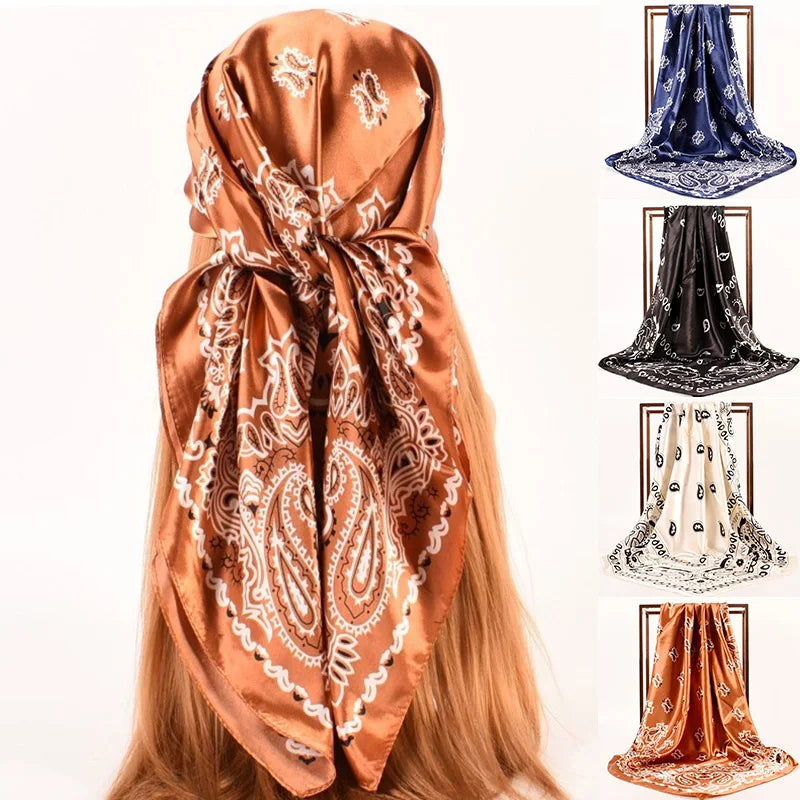 Foulard carré en soie à imprimé cachemire, 90 x 90 cm, bandana, satin, fleurs de cajou