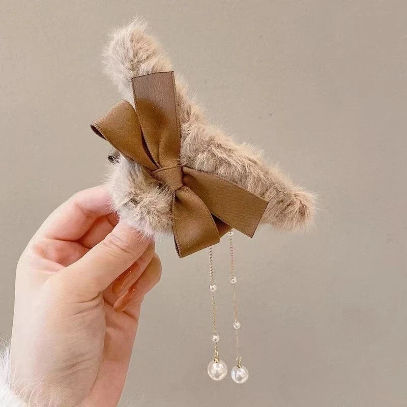 Pinces à cheveux tendance avec nœud et pompon, style coréen, queue de cheval, en peluche, griffe de requin, pour filles, cadeau d'automne et d'hiver