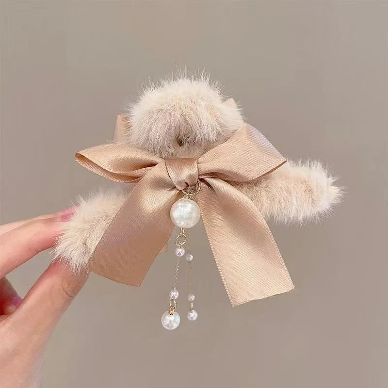 Pinces à cheveux tendance avec nœud et pompon, style coréen, queue de cheval, en peluche, griffe de requin, pour filles, cadeau d'automne et d'hiver