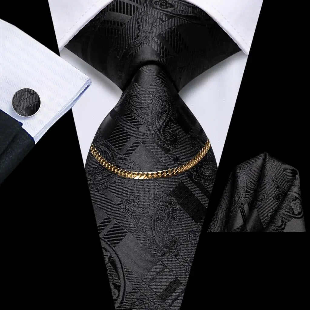 Hi-Tie Business Black Luxury Plaid Mens Tie Silk Neckties Fashion Tie Chain Hanky Cufflinks Set Design Gift For Men Wedding