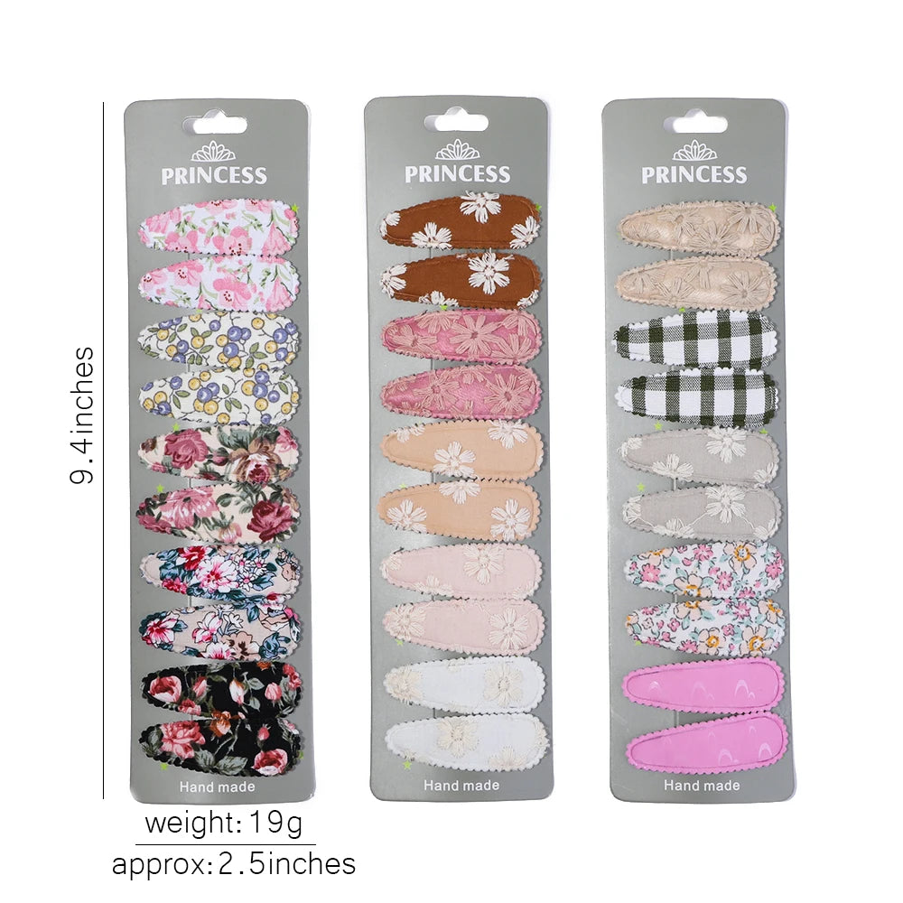 Lot de 10 barrettes à cheveux en forme de goutte d'eau, 5,6 cm, avec broderie imprimée, pour filles mignonnes, épingles à cheveux, couvre-chefs, accessoires pour cheveux pour enfants