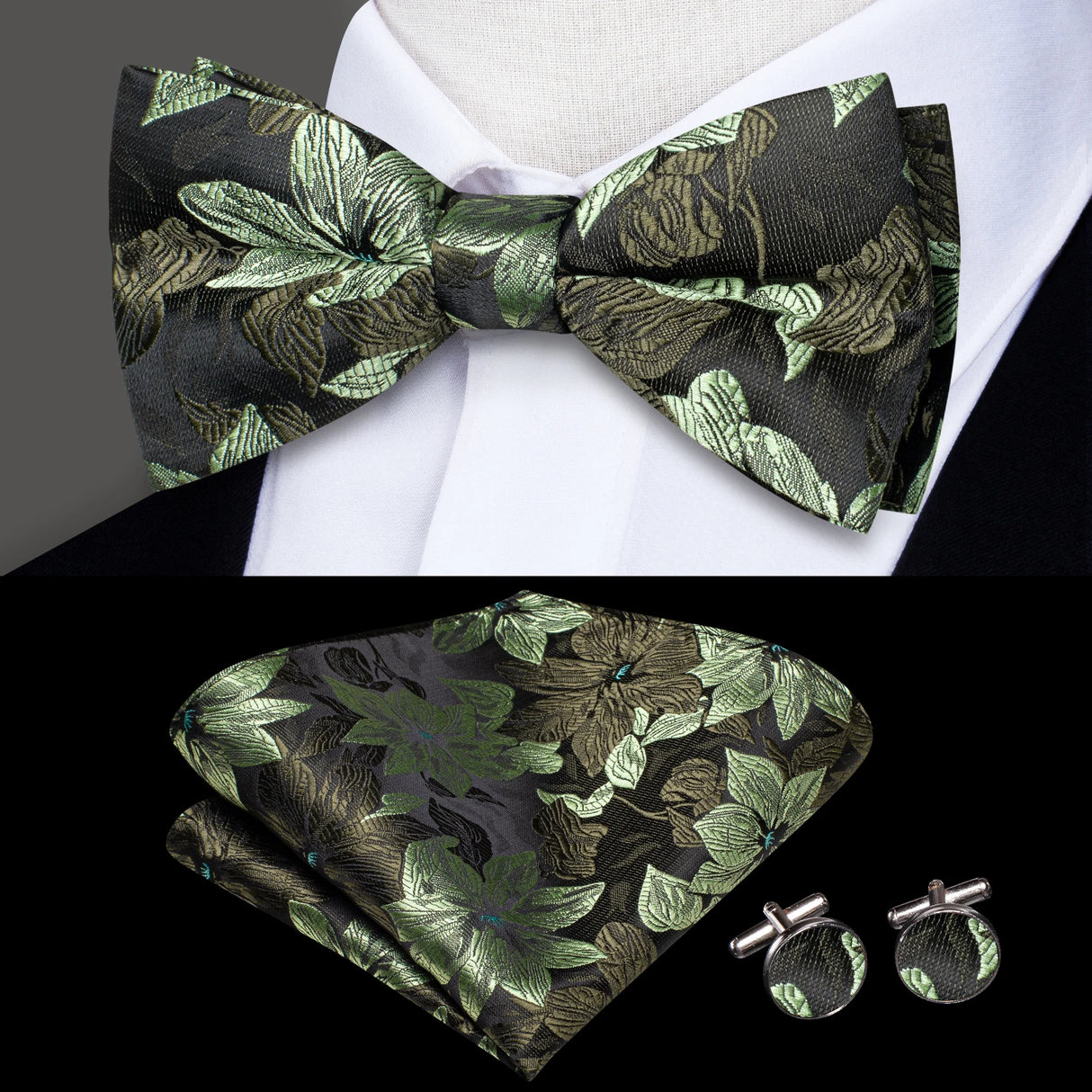 Hi-Tie Nœuds papillon verts de Noël pour hommes Cravate papillon en soie Ensemble de boutons de manchette et mouchoirs pour fête de mariage Nœud papillon uni à carreaux cachemire
