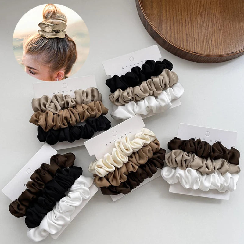 Lot de 3 élastiques à cheveux en soie faits à la main, en satin soyeux, pour queue de cheval, couleur café noir et blanc
