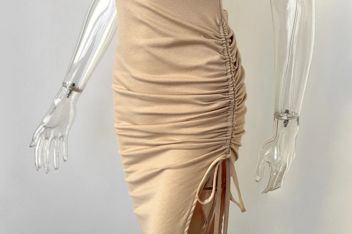 Sexy Side Slit Short Sleeve Wrap Buttocks Round Neck Dress 2024 Summer Drawstring Tie Up Women's Clothing