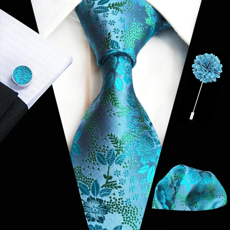 Ensemble de cravates en soie rose floral pour hommes, ensemble de cravates de fête de mariage, mouchoir, broche, boutons de manchette, accessoires pour hommes de haute qualité Gravata