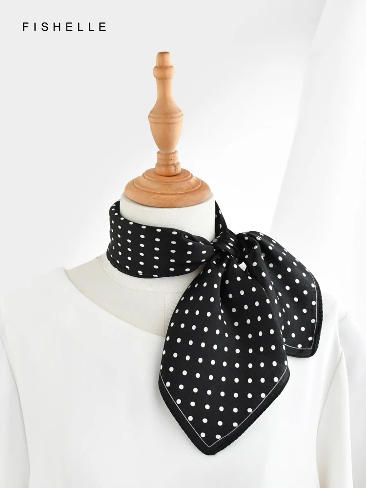 Foulard rétro en soie naturelle noire pour femme avec pois blancs, 100 % soie véritable, petit carré de 50 cm, cadeau tendance pour dames et filles