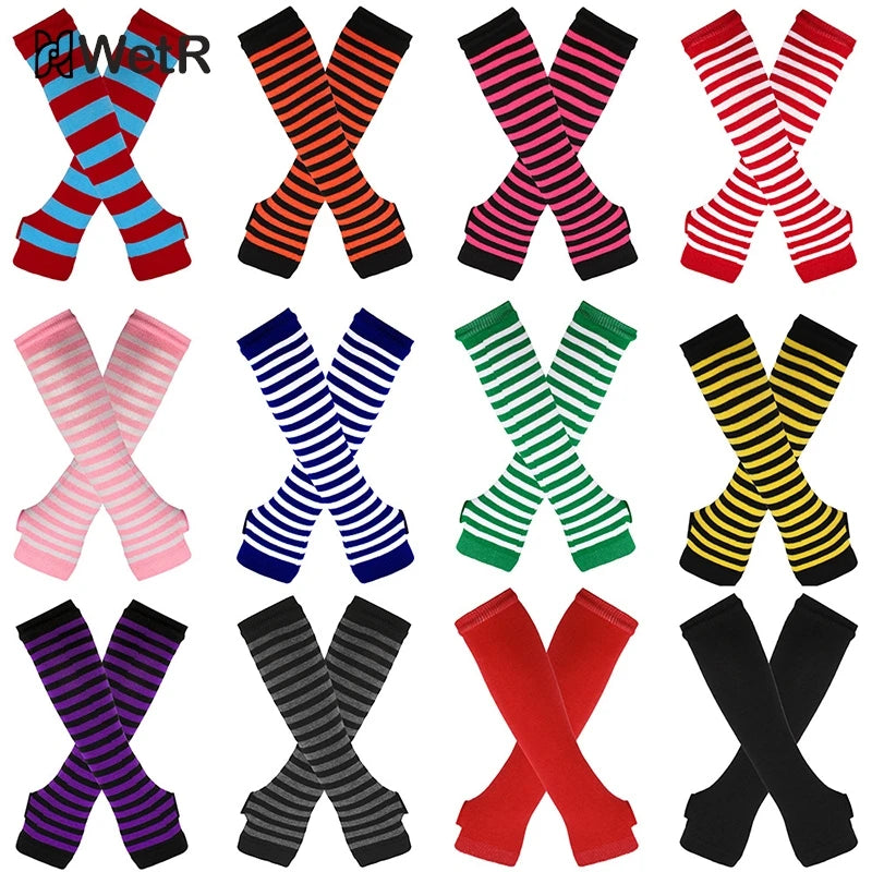 Gants longs classiques à rayures roses, noires et blanches, sans doigts, pour le coude, avec bracelet tricoté