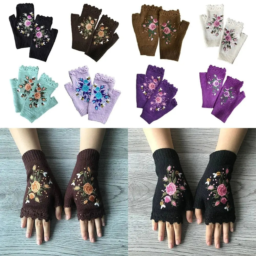 Gants tricotés sans doigts avec broderie florale et abeille, confortables, maintien au chaud, trous pour les pouces, mitaines à fleurs, mitaines à longueur de poignet, hiver