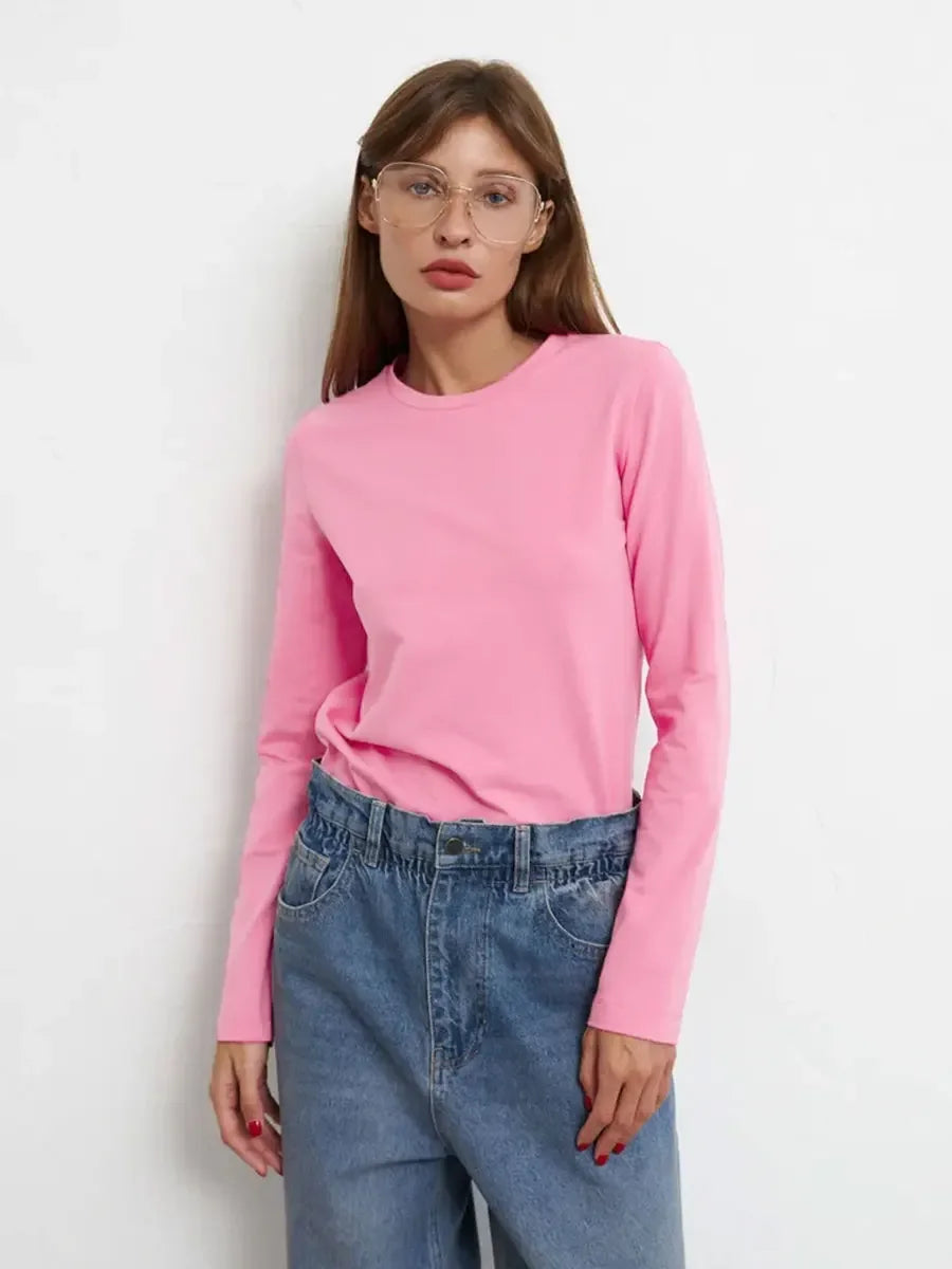 Camiseta Bornladies para mujer, 100 % algodón, básica, lisa, de manga larga, holgada, de gran tamaño, para primavera y otoño