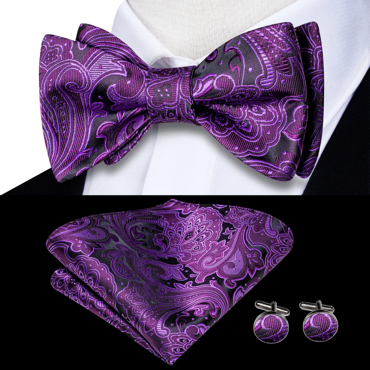 Hi-Tie Ensemble nœud papillon en soie pour homme, mouchoir et boutons de manchette, bleu, rouge, or, noir, blanc, jacquard, nœud papillon, mariage, affaires