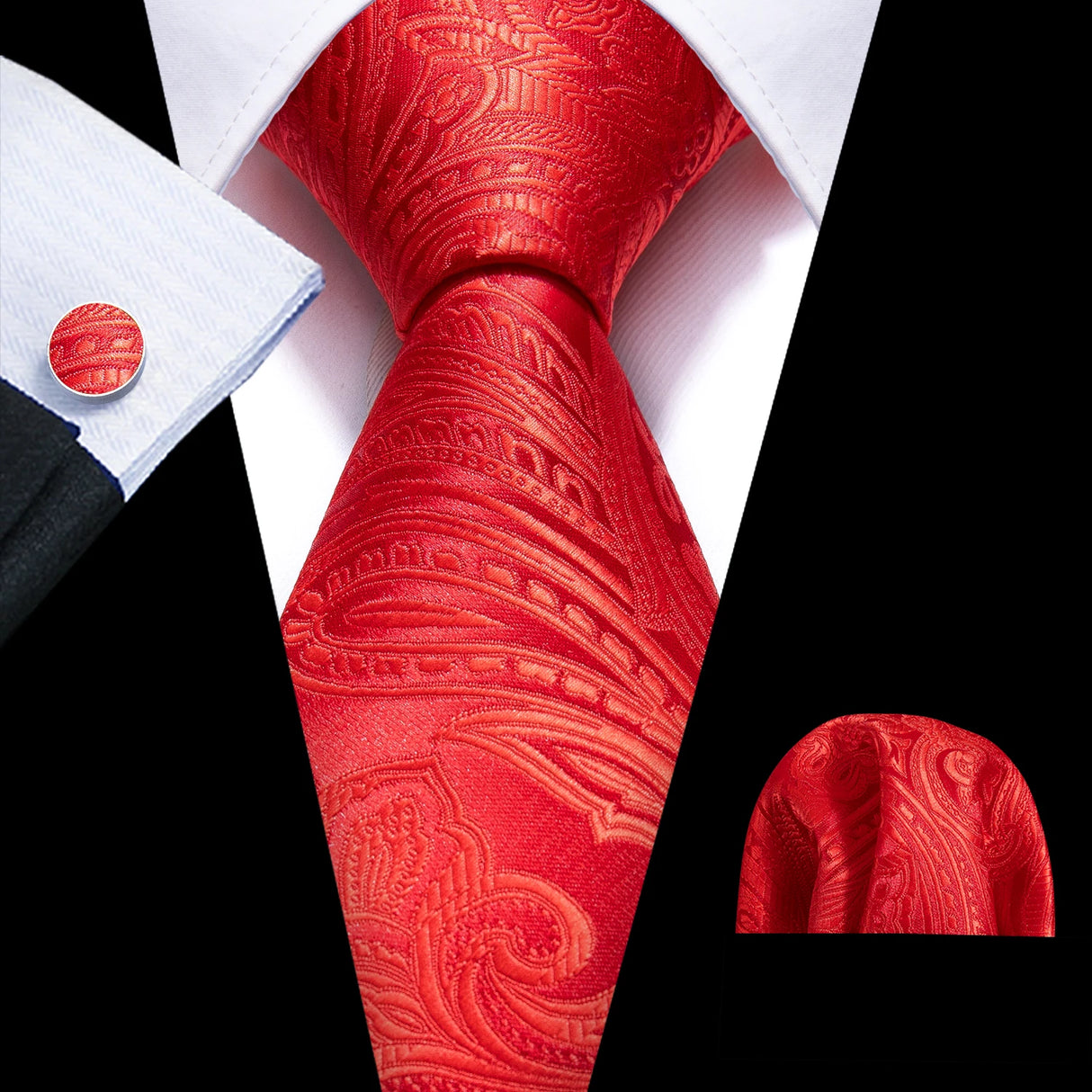 Barry.Wang Ensemble cravate et boutons de manchette en soie pour homme, motif jacquard, rouge, bordeaux, rose, pour mariage, affaires, fête
