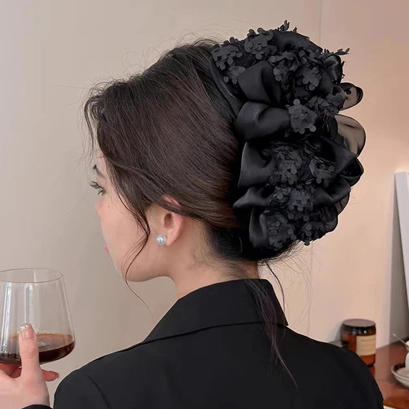 Elegance Temperament Large Claw Clip Multilayer Bow Black Fabric Ribbon Claw Jaw Clips Ponytail Hairpin Women Hair Accessories