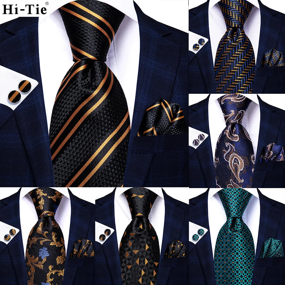 Cravate élégante pour homme, motif cachemire, rayures noires et dorées, en soie, pour mariage, mouchoir, boutons de manchette, pour entreprise, fête, livraison directe