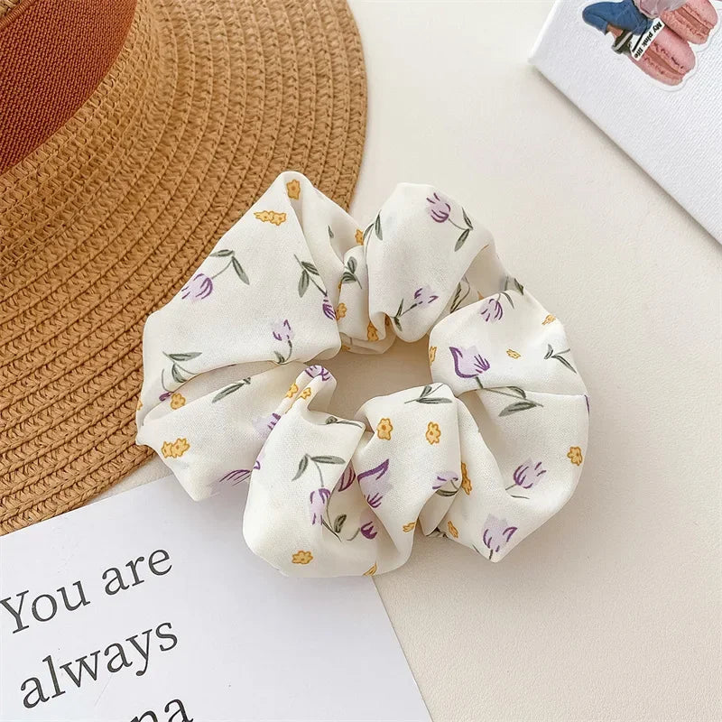 2 Pcs Korean Hair Accessories Women Small Fresh Fabric Flower Printing Elastics Hair Band Scrunchies Hair Tie Girl Ponytail Hold