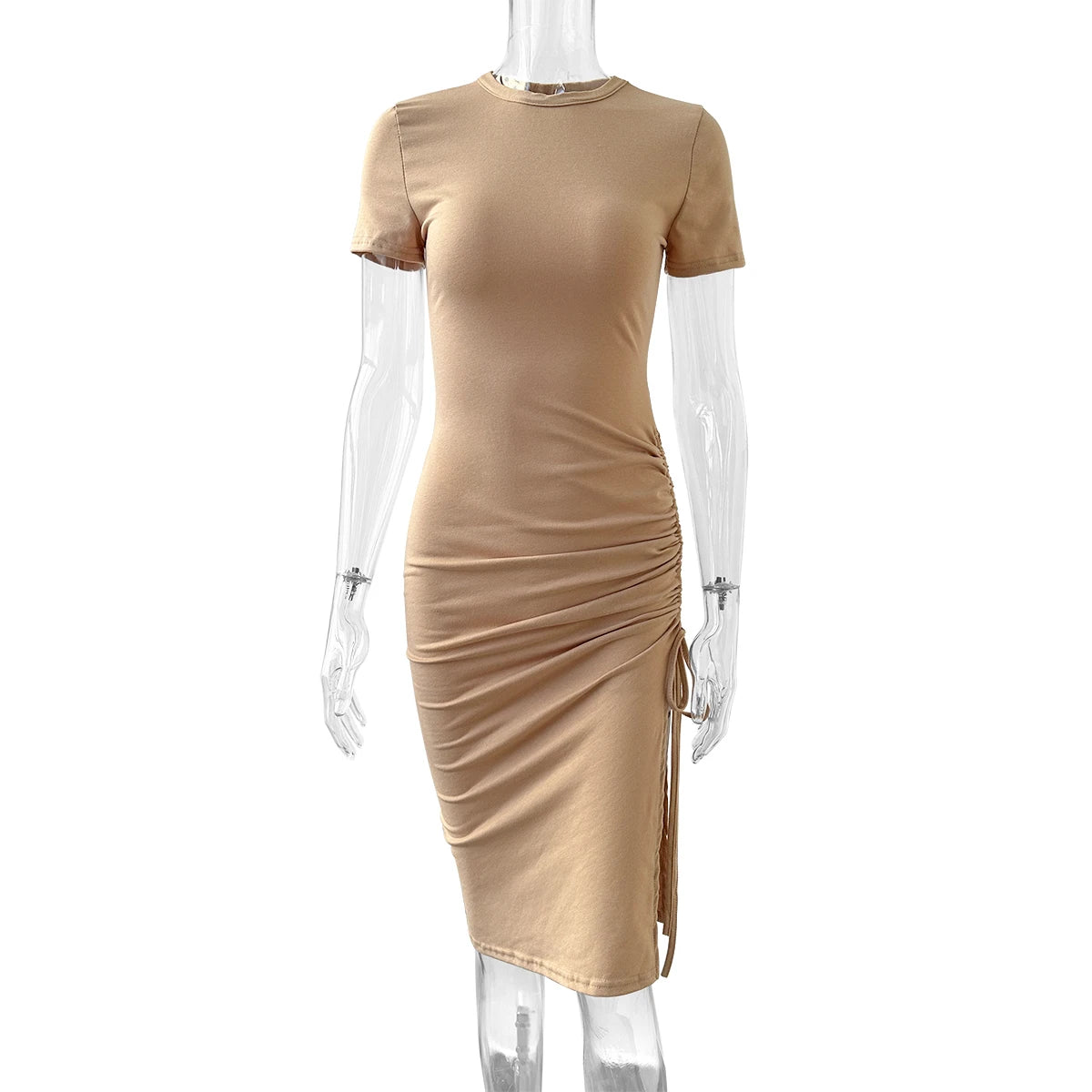 Sexy Side Slit Short Sleeve Wrap Buttocks Round Neck Dress 2024 Summer Drawstring Tie Up Women's Clothing