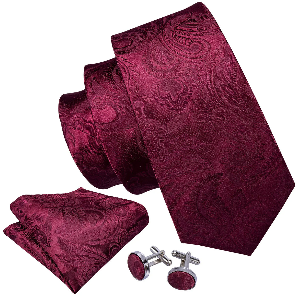 Barry.Wang Ensemble cravate et boutons de manchette en soie pour homme, motif jacquard, rouge, bordeaux, rose, pour mariage, affaires, fête