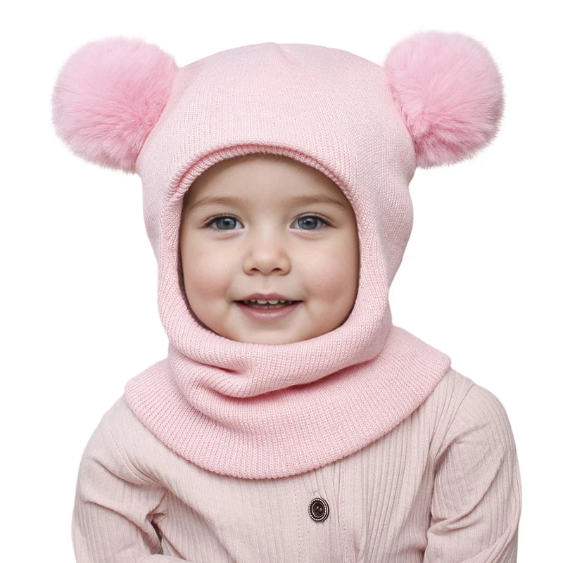 Pompom Baby Winter Hat Scarf One-piece Kids Knitted Beanie Warm Ears Neck Children Bonnet Infant Cap for Girls Boys 1-5Y