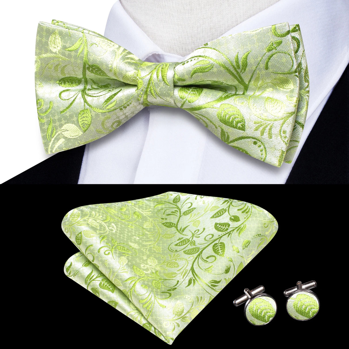 Hi-Tie Jacquard Silk Nœud papillon pour homme, ensemble de boutons de manchette et mouchoir, nœud papillon pré-noué, noir, blanc, gris, bleu, rouge, vert, rose, violet
