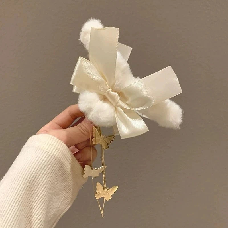 Pinces à cheveux tendance avec nœud et pompon, style coréen, queue de cheval, en peluche, griffe de requin, pour filles, cadeau d'automne et d'hiver