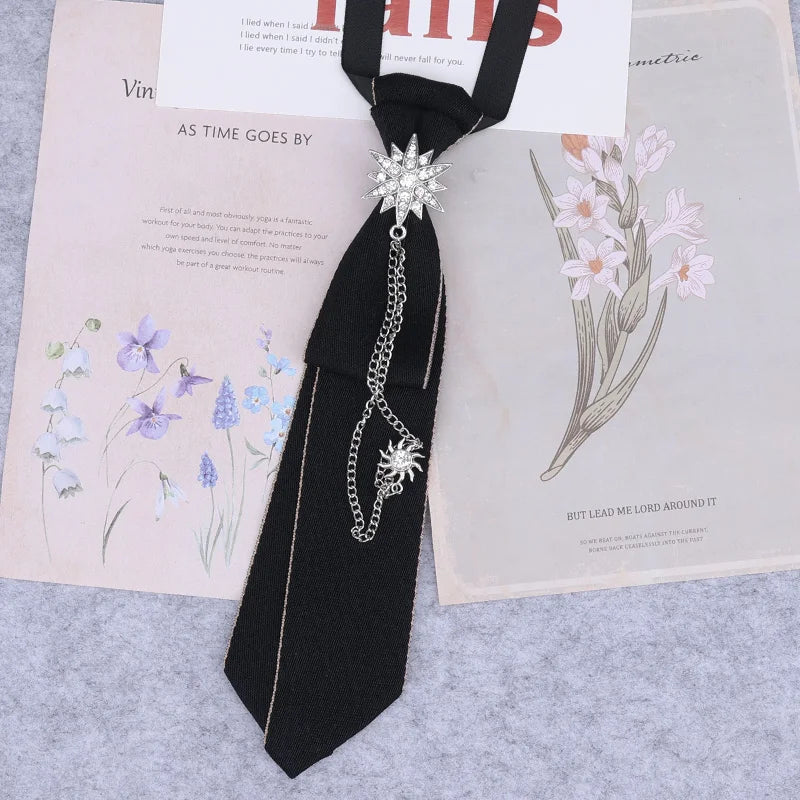 Cravate en ruban noir faite à la main, bijoux en strass cristal, chemises blanches pour hommes, étudiantes, garçons, col, cravates, uniformes, femmes