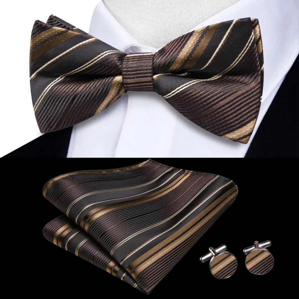 Hi-Tie Nœud papillon rayé noir et rouge pour homme, mouchoir, boutons de manchette, en soie pré-nouée, pour soirée d'affaires masculine, vente en gros