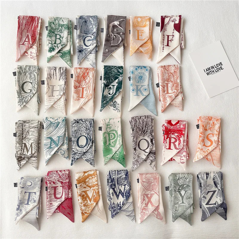 100*6cm 26 Initials Letters Luxury Bag Scarf Narrow Silk Small Scarf Bandana Hair Tie For Women Print Hijab Neckerchief Headband