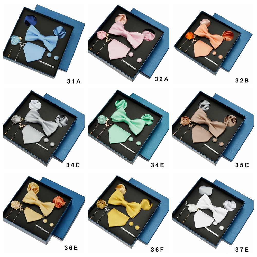 Coffret cadeau pour homme et femme, pochette, cravate, boutons de manchette, broche, couleur unie, pour mariage, affaires, vente en gros