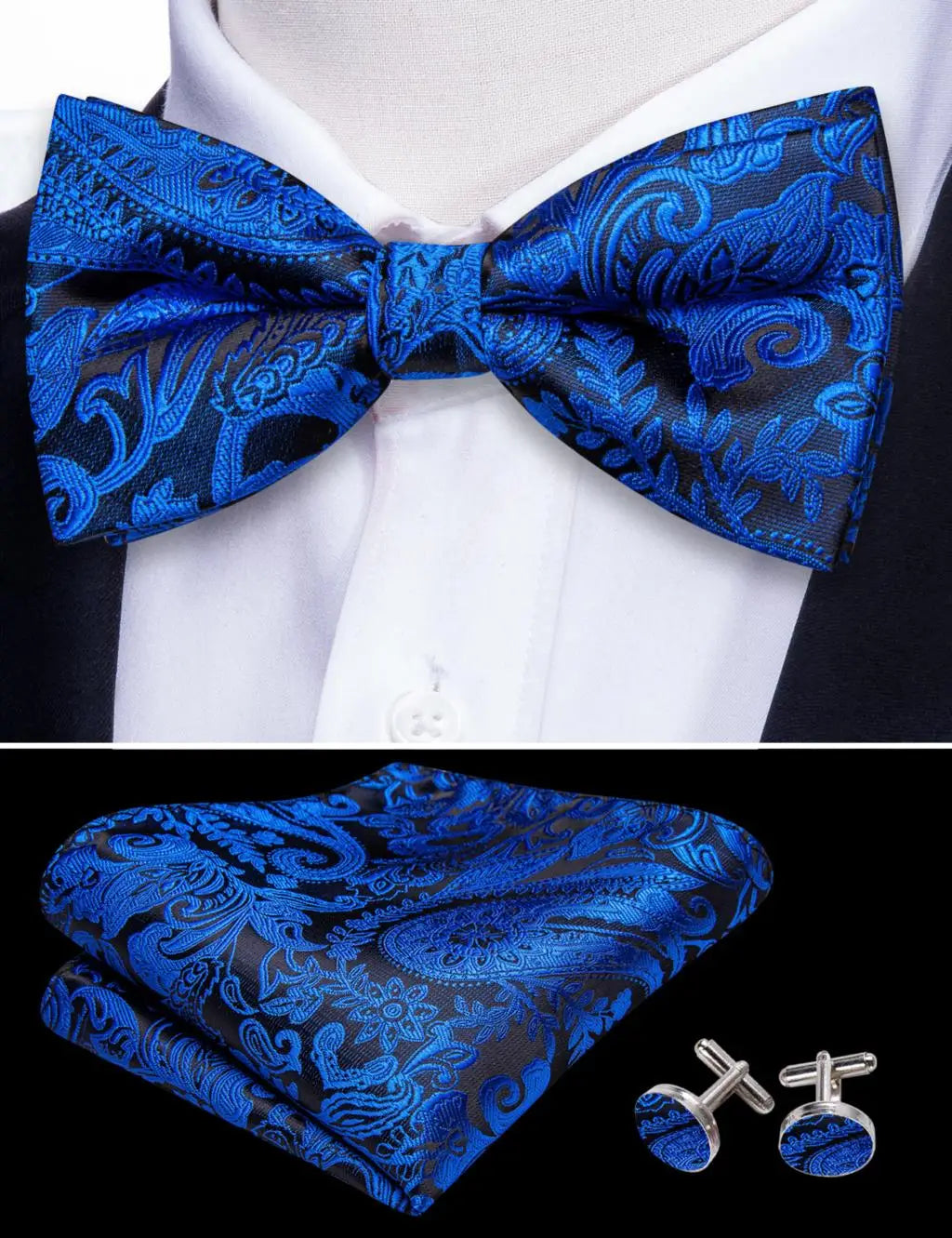 Barry.Wang Nœud papillon en soie bleu marine royal bleu ciel pour homme, ensemble de boutons de manchette, mouchoir, motif cachemire jacquard, motif floral, pour mariage et affaires