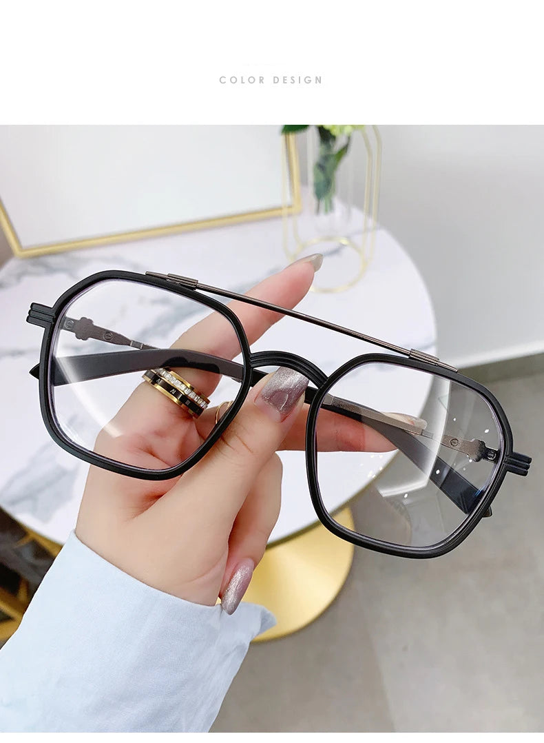Blue Light Blocking Eye Protection Myopia Eyeglasses Fashion Double Beam Metal Glasses Women Trend Retro Plain Face Eyewear Men