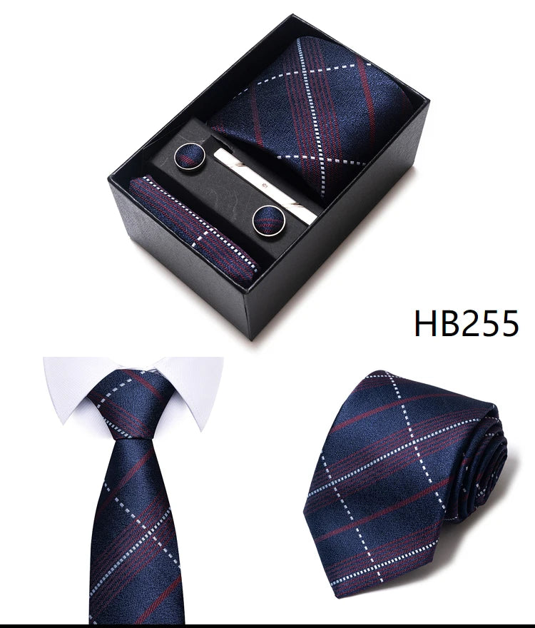 65 Colors Fashion Tie Handkerchief Set Tie Clip Necktie Box Man's Shirt Dark Red Accessories Men Wedding Holiday Gift