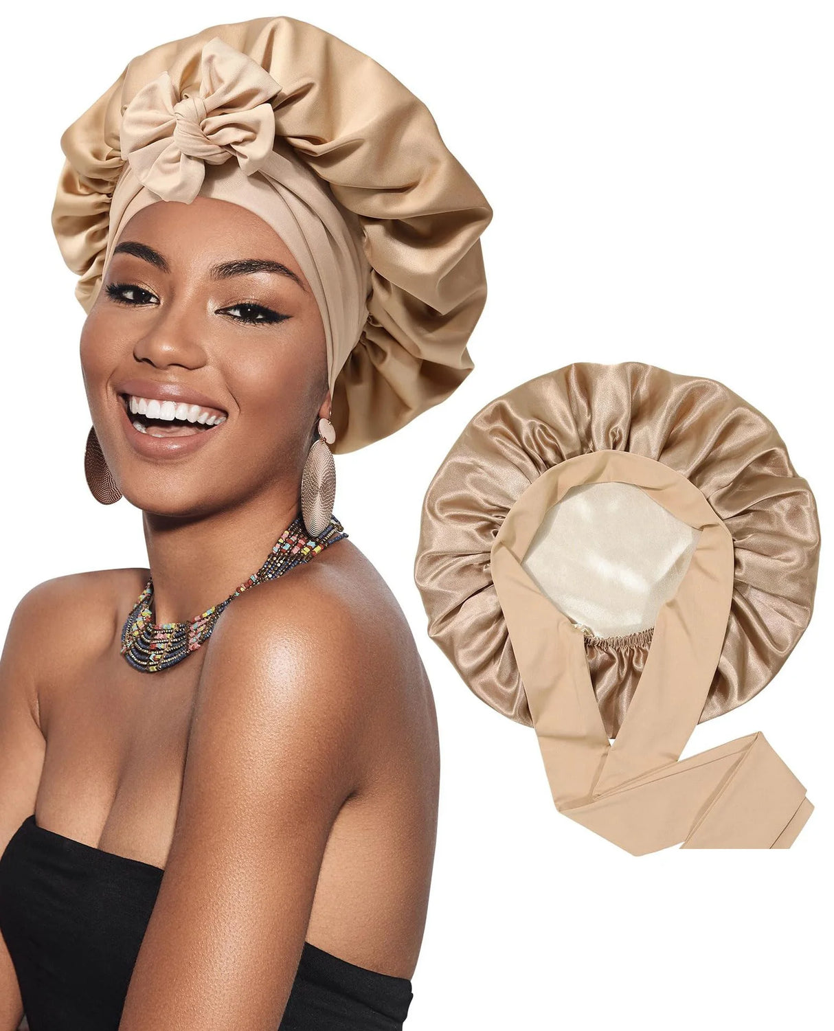 New Satin Double Layer Bonnet Solid Wide Tie Band Stretch Head Silky Bonnet Edge Wrap Nightcap Hair Care Shower Bonnet for Women