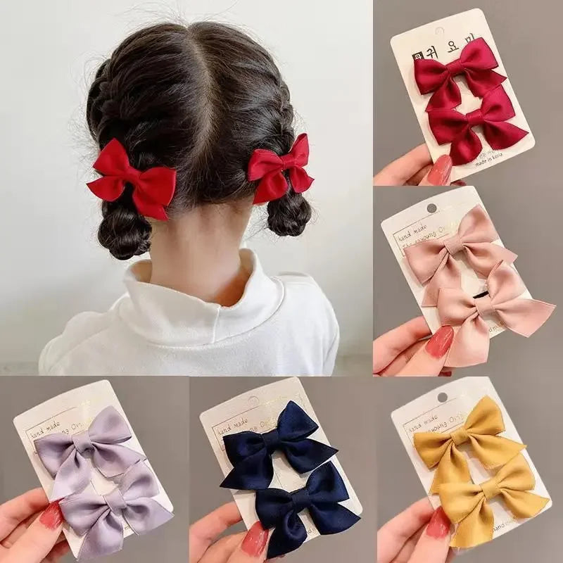 1Pair Cute Girls Hairgrips Hairpins Hair Clips Solid Color Ribbon Bow-knot Handmade Bows Barrettes Hair Accessories