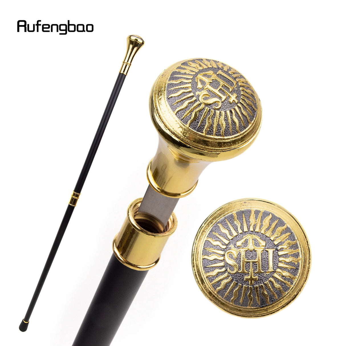 Golden Freemasonry Freemasons SHI Totem Relief Walking Stick with Hidden Plate Self Defense Fashion Cane Cosplay Crosier 93cm
