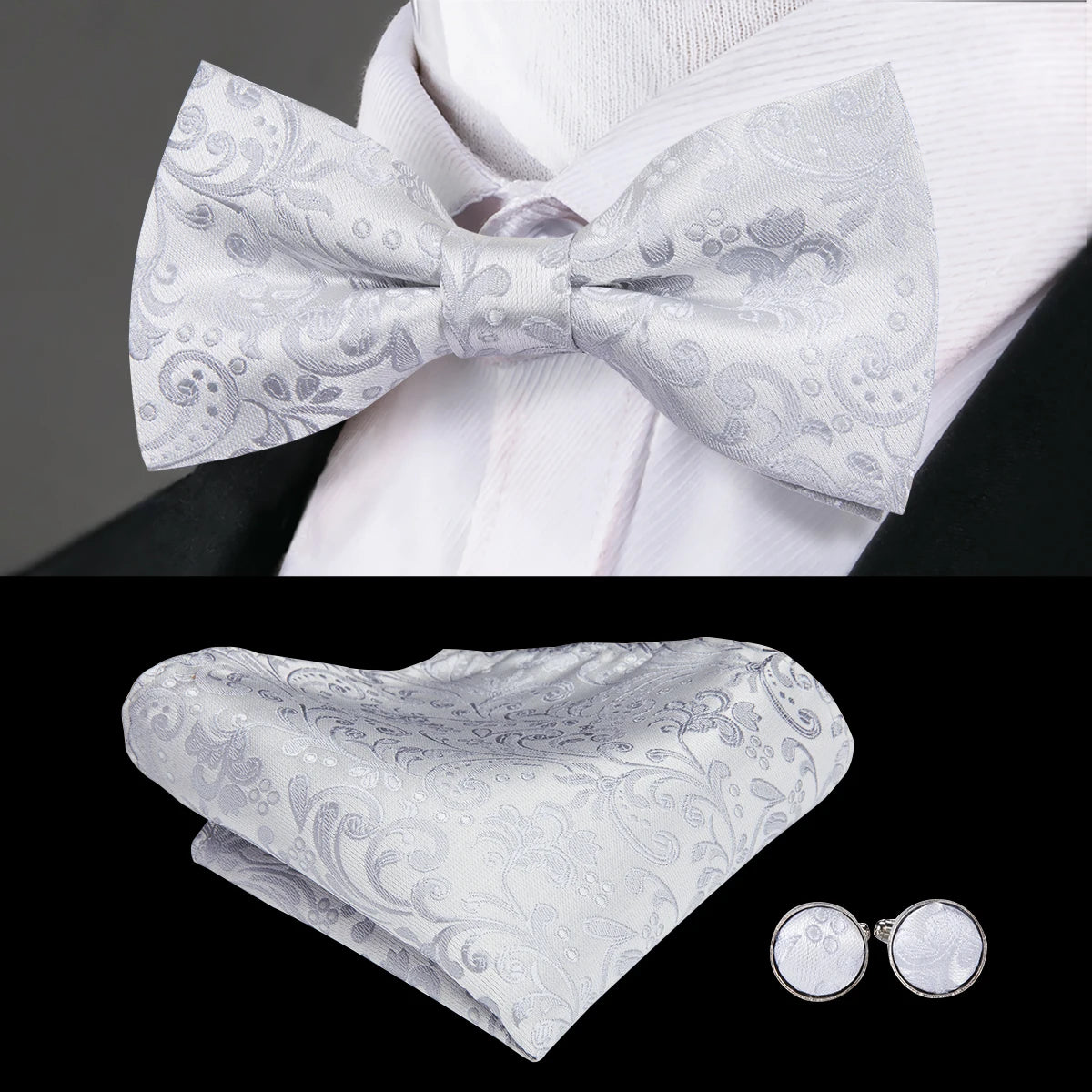 Hi-Tie Marque Soie Pré-noué Homme Nœud Papillon Mouchoir Boutons de Manchette Ensemble Nœud Papillon pour Homme Jacquard Solide Cachemire Floral Mariage Cadeau d'Affaires